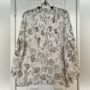 🌼 LL Bean Womens 2X Floral Linen Pintuck Button Up Long Sleeve Tunic